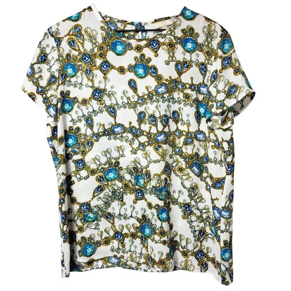 Banana Republic Tops - BANANA REPUBLIC SAPPHIRE AND GOLD JEWEL PRINT BLOUSE CREW NECK TOP SIZE LARGE